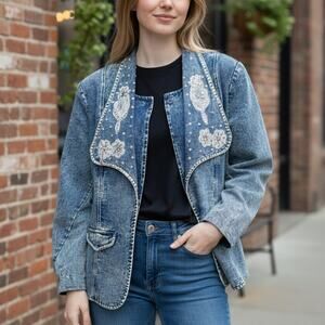 Judith Ann Vintage Denim Embroidered Sequin Denim Jacket Blazer XS 0-4